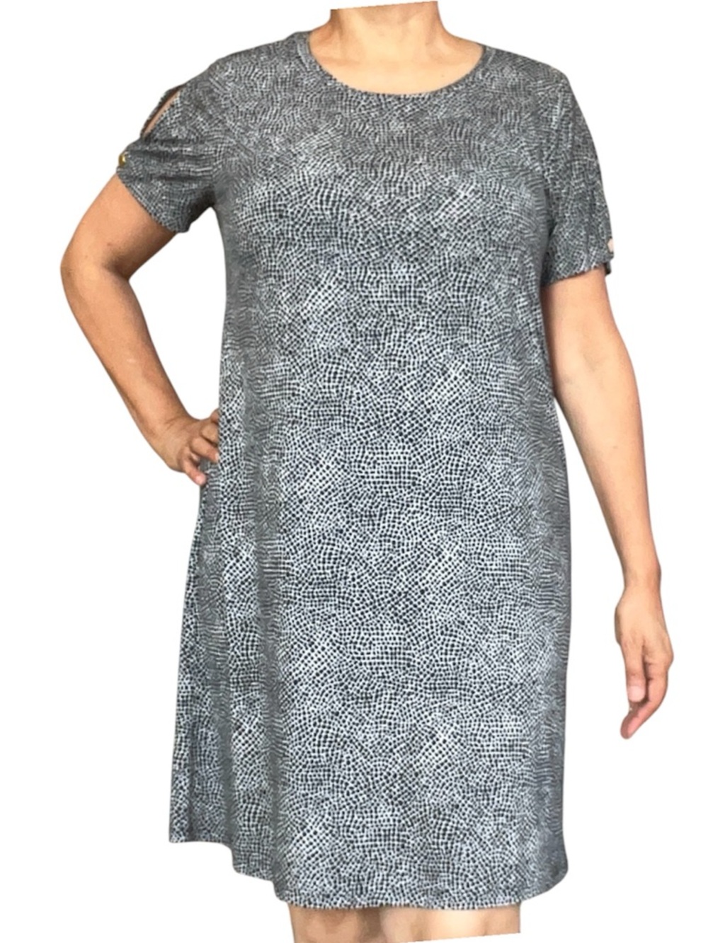 Michael Kors Women Short Sleeve Black & White Pattern Tunic Cocktail Dress Sz L